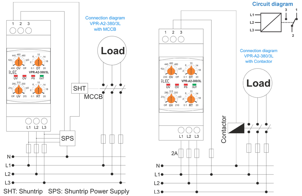 iLEC VPR-A2-380/3L relay – Typical connection diagram
